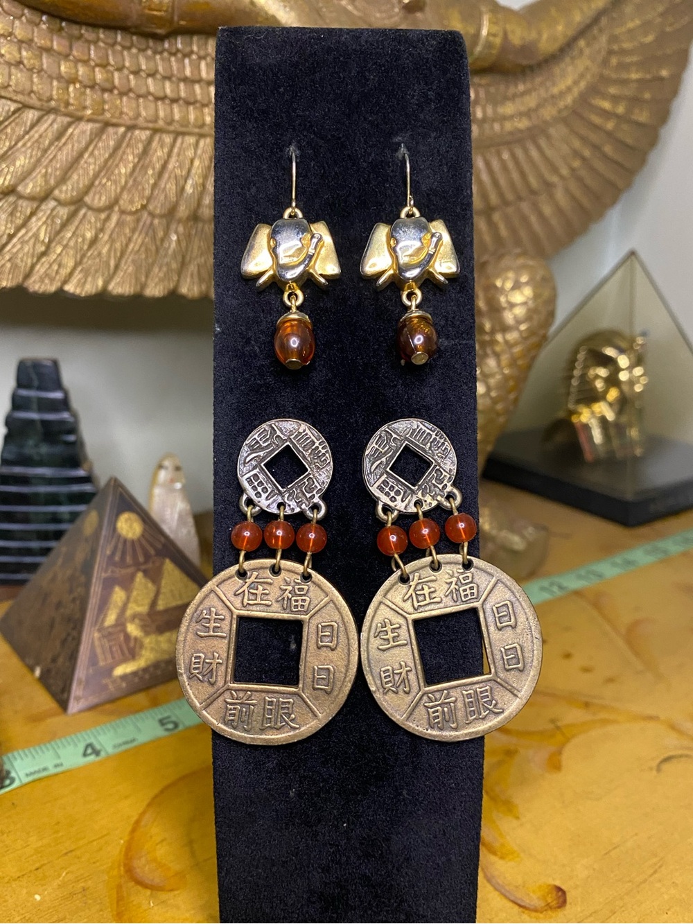 Vintage Chinese Coin Drop Earrings with Red Agate Beads